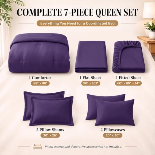 CozyLux Queen Comforter Set Purple, 7 Pieces Bed in a Bag - Image 3