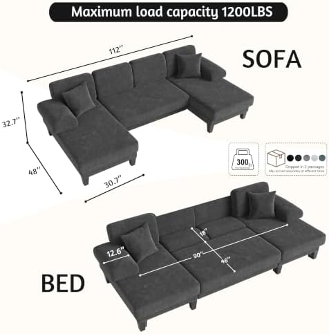 112'' U Shaped Sectional Couch, Sleeper Sofa - Image 2