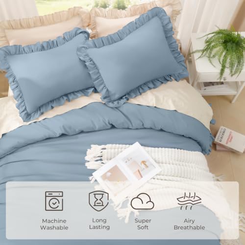 Litanika Full Comforter Set, 3 Pieces Grayish Blue Ruffle Bedding Set - Image 5