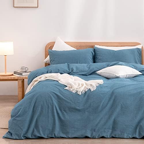 BESTOUCH Cotton Solid Duvet Cover Set Linen Feel Dark Blue Queen by BESTOUCH