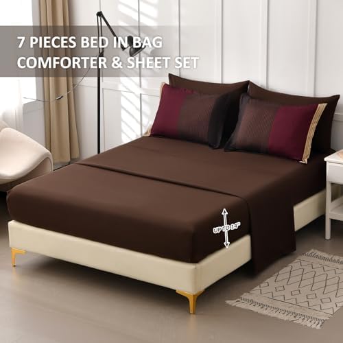 Anibedding Red and Brown Comforter Set King Size, Boho Burgundy Striped Bedding - Image 6
