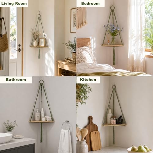 Artilady Macrame Corner Shelf Wall Hanging, Adjust Green Boho Wall Decor - Image 3