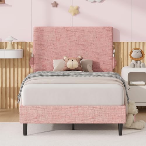 Twin Bed Frame with Chenille Headboard and Side Pockets - Image 3