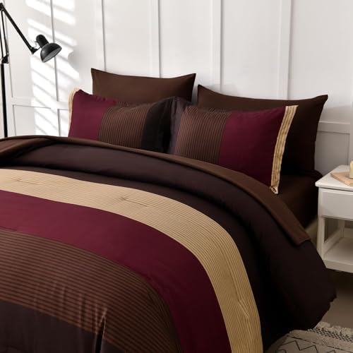 Anibedding Brown Red Comforter Set Full Size, Boho Burgundy Striped Bedding - Image 4