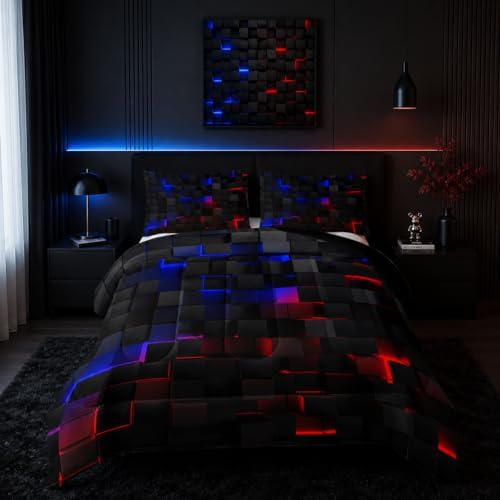 Neon Blue and Red Black Comforter Set Queen Geometric Kids Bedding Set by Nttopship