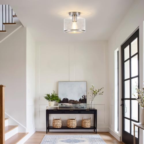 Modern Flush Mount Ceiling Light, Seeded Glass Ceiling Light Fixture, Nickel - Image 5