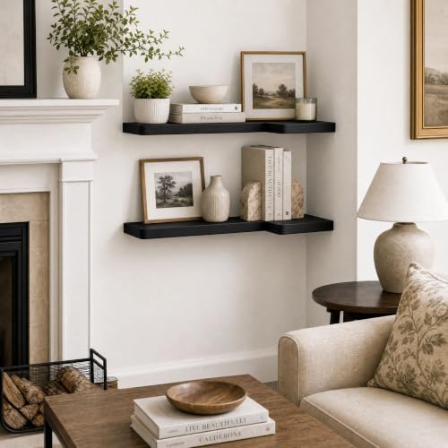 24 Inch Solid Wood Floating Corner Shelves, 2 Pack, Matte Black - Image 3
