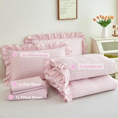5 Pcs Pink Gingham Ruffled Comforter Set Twin - Image 5