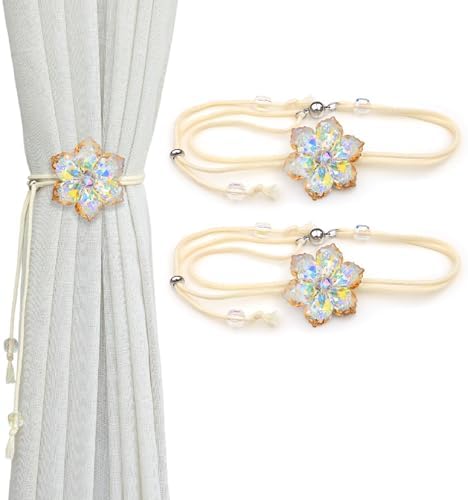 Magnetic Curtain Tiebacks, Crystal Flower Adjustable Rope Curtain Tie Backs by Yeazon