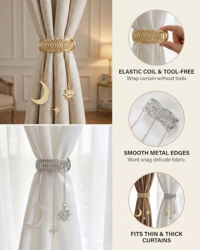 Vintage Curtain Tiebacks Celestial Sun and Moon Star Elastic Holdbacks - Image 4
