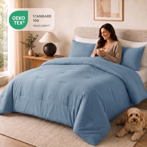 CozyLux California King Comforter Set 3 Pieces Dusty Blue Quilted Bedding - Image 5