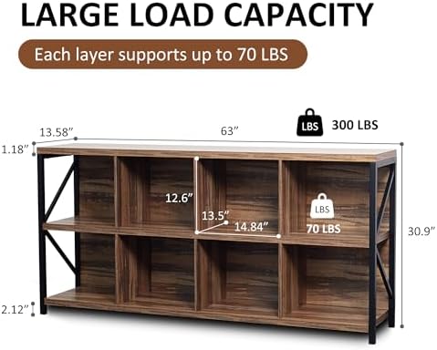 8 Cube Storage Organizer Bookshelf, Industrial Horizontal Bookcase, Accent - Image 2