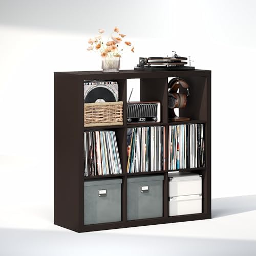 Furinno Cubicle Record Player Stand, 9-Cube Record Storage, Dark Oak - Image 4