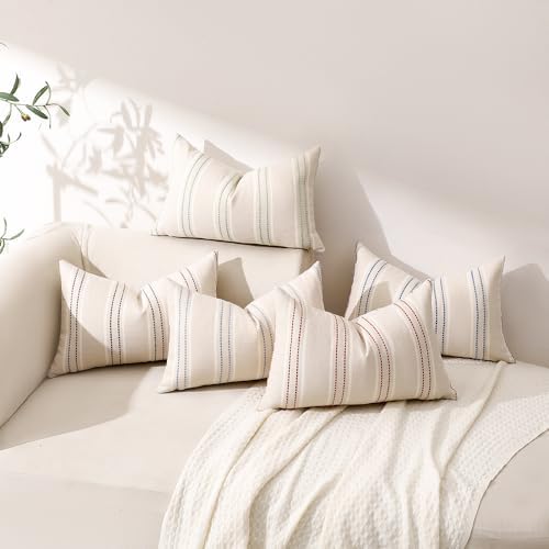 Hckot Dusty Blue Throw Pillows Covers 12x20 Linen Stripe Pillow Covers - Image 6