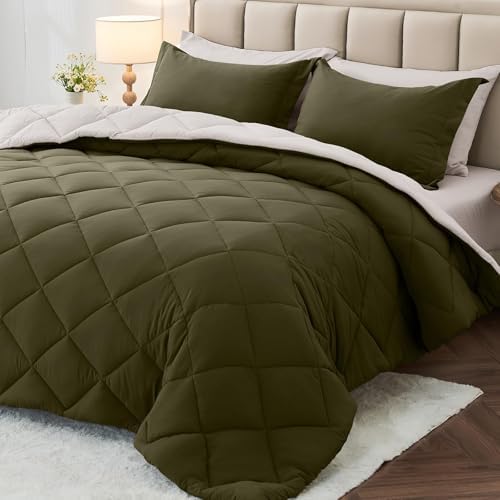 Queen Comforter Set 7 Pieces, Reversible Bed in a Bag, Olive Green/Beige by MUXHOMO