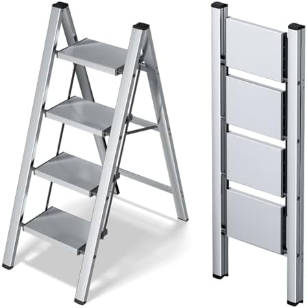 Taranta 4 Step Stool Foldable, Aluminum Step Ladder-Sliver by TARANTA