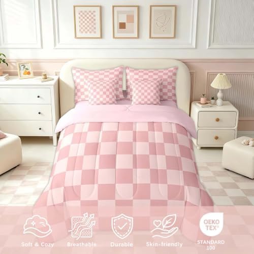 Feelyou Checkered Retro 7 Piece Bedding Set Teen Women Men Pink Gradient Plaid - Image 3