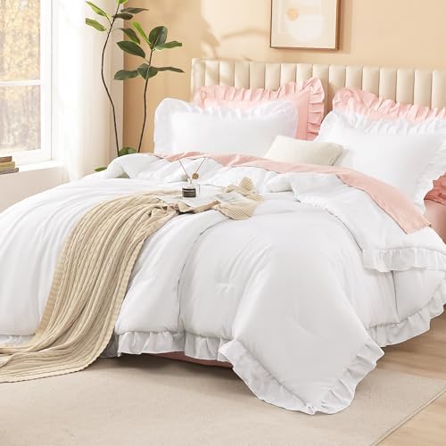 Litanika King Comforter Set, 3 Pieces White Ruffle Bedding Set - Image 2