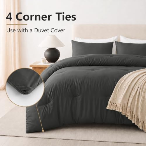 CozyLux Super King Plus Comforter Set, 3 Pieces Dark Grey Quilted Bedding - Image 4