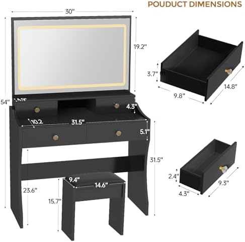COMHOMA Vanity Desk with LED Lights Mirror & Power Outlet, Small Makeup Vanity - Image 3