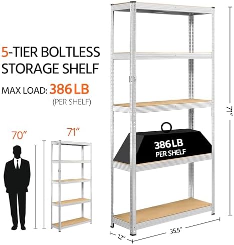 Yaheetech 5-Tier Heavy Duty Storage Shelves 35.5"W x 12"D x 71"H Silver - Image 3