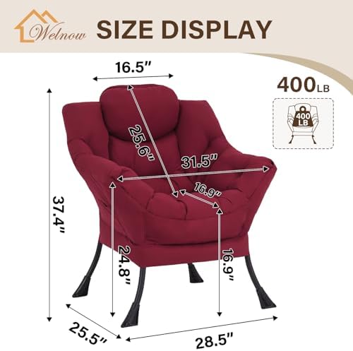 Welnow Lazy Chair for Adults，Modern Reading Accent Chair, Burgundy Single - Image 3