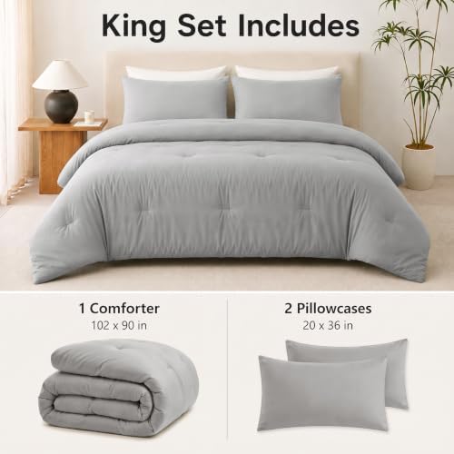 CozyLux King Comforter Set, 3 Pieces Down Alternative Bedding, Light Grey - Image 2