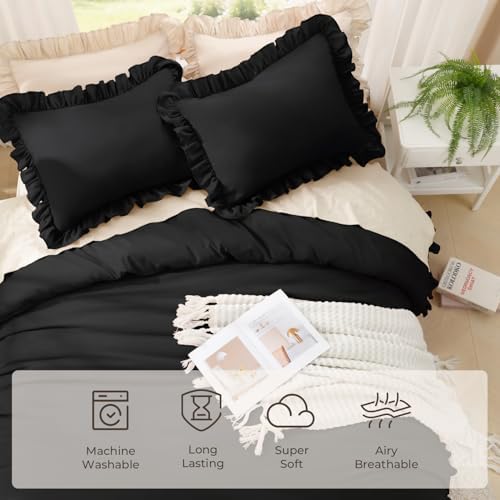Litanika Queen Comforter Set, 3 Pieces Black Ruffle Bedding Set - Image 5