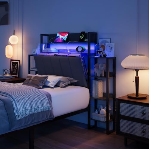 Twin Size Upholstered Platform Bed Frame, Storage Headboard, LED Light - Image 7
