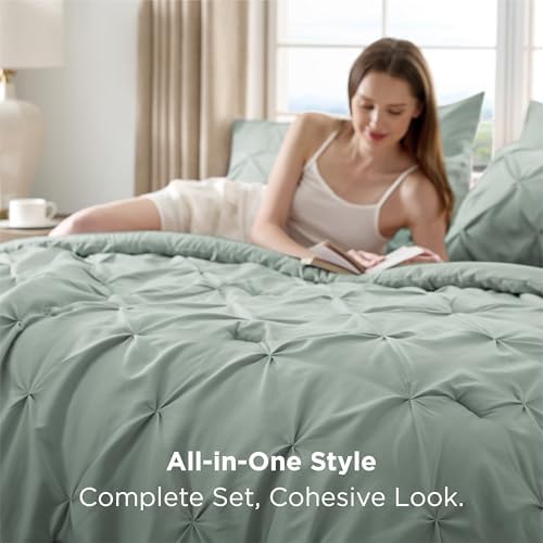 Bedsure 7-Piece King Size Comforter Set & Sheets, Sage Green King Bedding - Image 3