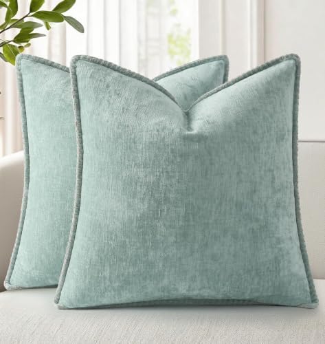 decorUhome Soft Chenille Throw Pillow Covers 12x12 Set of 2 Aqua Haze by decorUhome