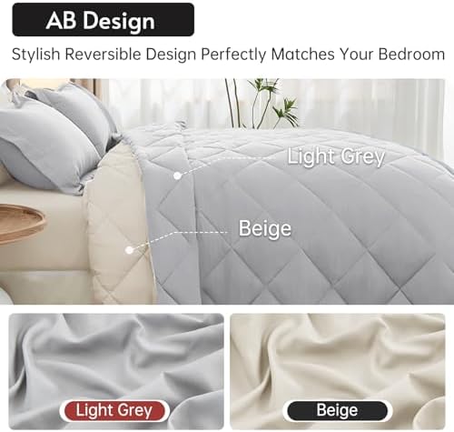 MUXHOMO Oversized Queen Comforter Set 7 Pieces, Light Grey/Beige - Image 3