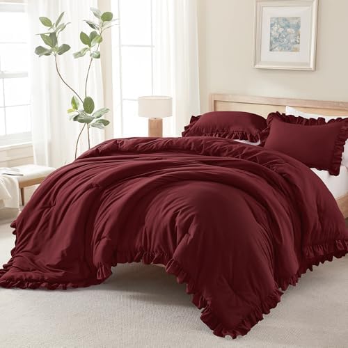 Andency Burgundy Ruffle Comforter Twin XL, 2 Pieces Solid Farmhouse Bed by Andency