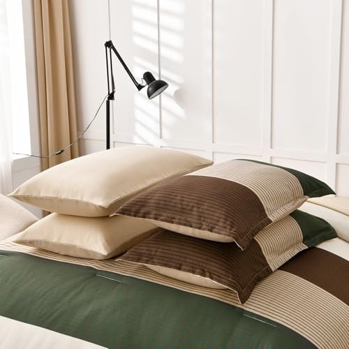 Anibedding Striped Comforter Set Full Size, Boho Brown Green Striped Bedding - Image 5