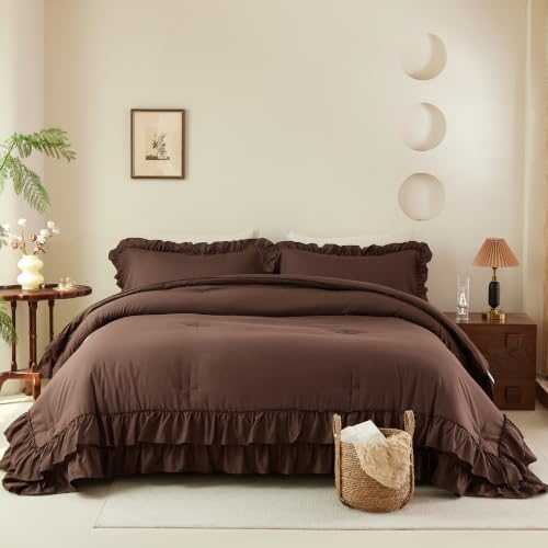 Cupocupa Brown Double Ruffle Comforter Set Queen Size, 3 Piece Bedding - Image 6