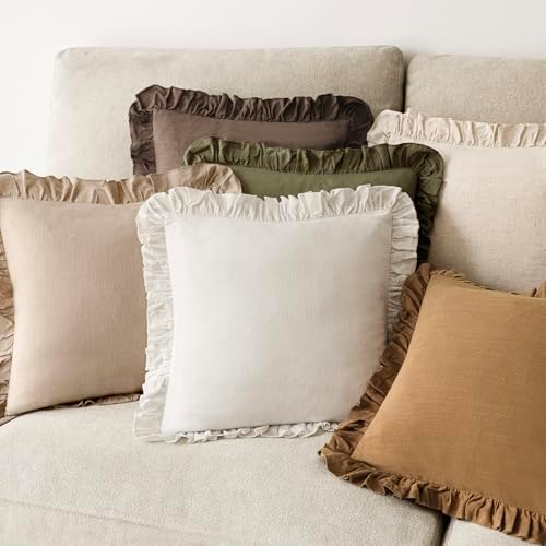 Foindtower Linen Fringe Ruffle Throw Pillow Covers 18×18 Inch Light Brown - Image 7