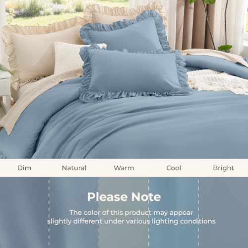 Litanika Full Comforter Set, 3 Pieces Grayish Blue Ruffle Bedding Set - Image 6