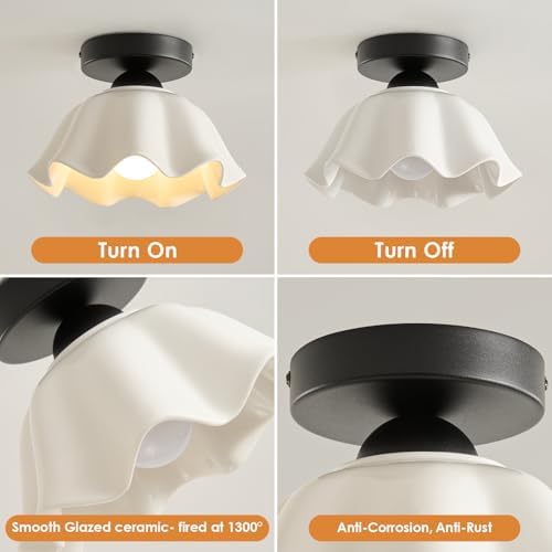 Vintage Black Semi Flush Mount Hallway Ceiling Light 2 Pack Flower Ceramic - Image 5