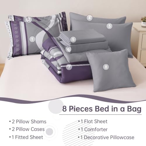 Grey Purple Comforter Set King Size, 8 Pieces Patchwork Striped Bed in a Bag - Image 7