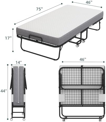 Deluxe Folding Bed with 5" Memory Mattress, Roll Away Foldable Beds on Wheels - Image 3
