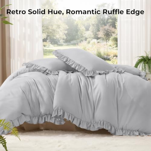 Litanika Queen Comforter Set, 3 Pieces Light Grey Ruffle Bedding Set - Image 2