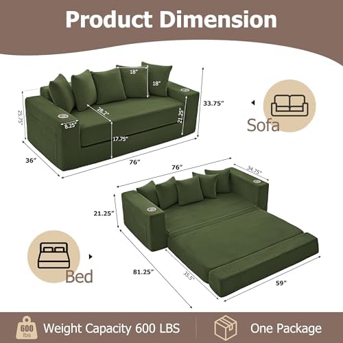76" Oversized Loveseat Pull Out Sofa, 2 in1 Convertible Loveseat Sofa - Image 2