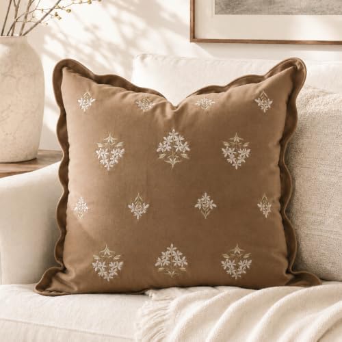 BlissBlush Decorative Throw Pillow Cover 20x20 Brown Floral Embroidery by BlissBlush