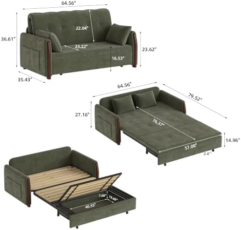 64.56" Convertible Pull Out Sofa Bed Couch - Image 2