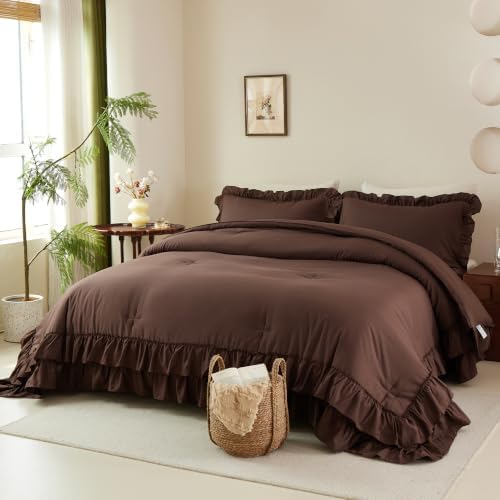 Cupocupa Brown Double Ruffle Comforter Set Twin XL, 2 Piece Bedding by CupocupaHomeCollection