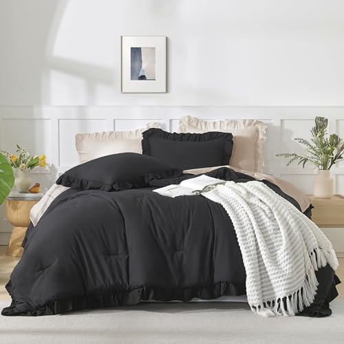 Andency Black Queen Comforter Set, 3 Pieces Farmhouse Shabby Chic Bedding - Image 2