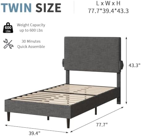 Twin Bed Frame, Chenille Headboard, Side Pockets, Dark Grey - Image 2