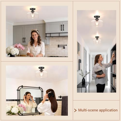 Small Semi Flush Mount Ceiling Light Fixture, Vintage Matte Black Close to - Image 4