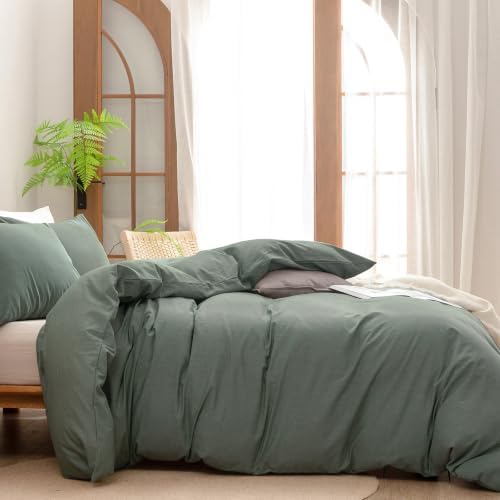 BESTOUCH Cotton Solid Duvet Cover Set Linen Feel Green Twin - Image 3