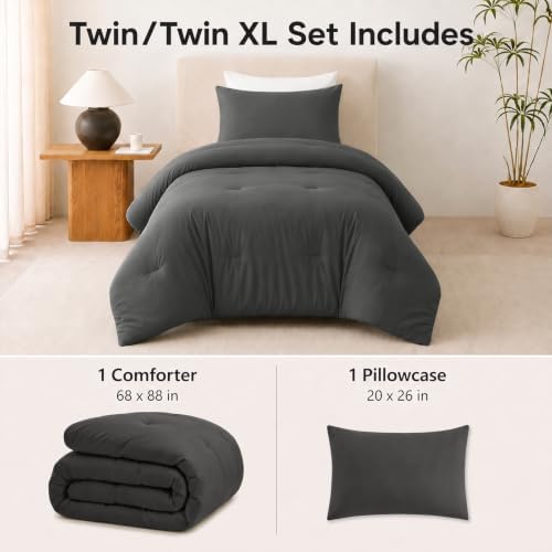CozyLux Twin Comforter Set, 2 Pieces Down Alternative Bedding, Dark Grey - Image 2